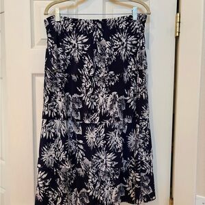 Navy and White Floral Print Women's Midi Ruffle Skirt